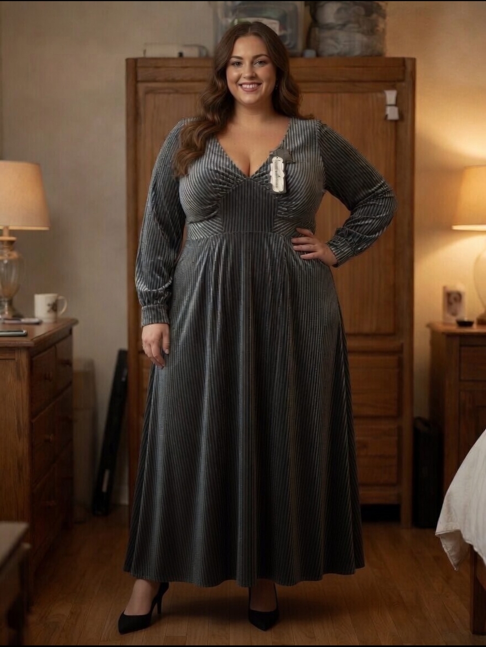 Dark Gray Velvet V-Neck Long Sleeve Maxi Dress